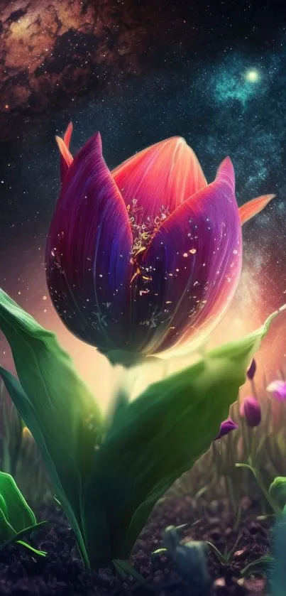 A vibrant cosmic tulip against a galaxy backdrop.