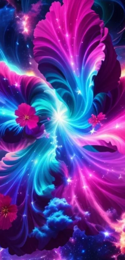 Vibrant cosmic flower mobile wallpaper showcasing swirling neon colors.