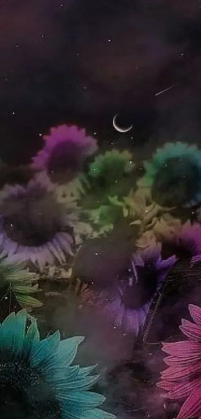 Colorful cosmic flowers under a starry night sky wallpaper.