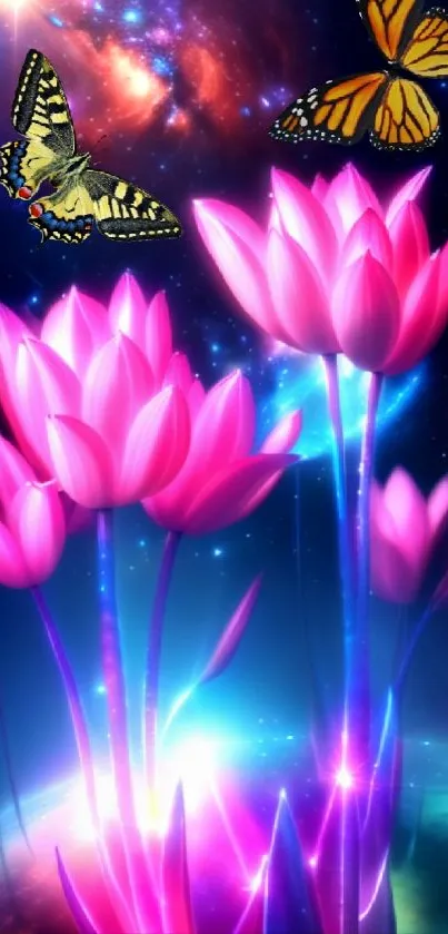 Pink cosmic flowers and butterflies with galaxy background.