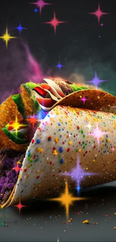 Imaginative galaxy-themed taco with stars and vibrant colors.