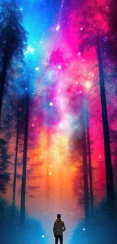 Vibrant cosmic forest with colorful night sky.