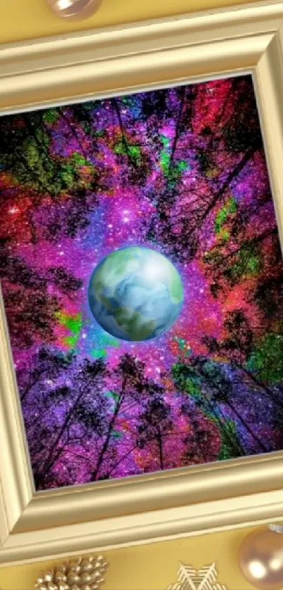 Earth in colorful cosmic forest framed in gold with vibrant galaxy hues.