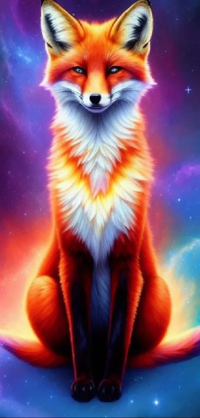 Vibrant fox in a colorful cosmic galaxy background for mobile wallpaper.