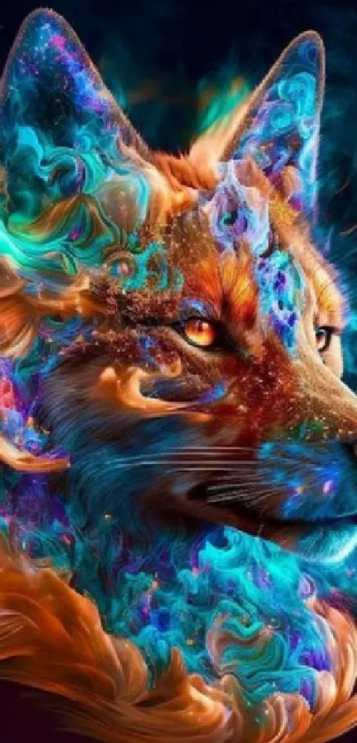 Vibrant cosmic fox with swirling colors in fantasy digital artwork.