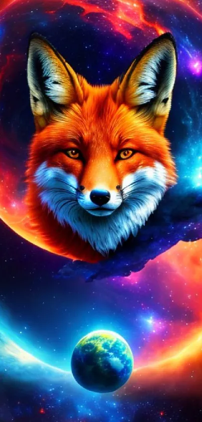 Vibrant cosmic wallpaper featuring a fox and galaxy.