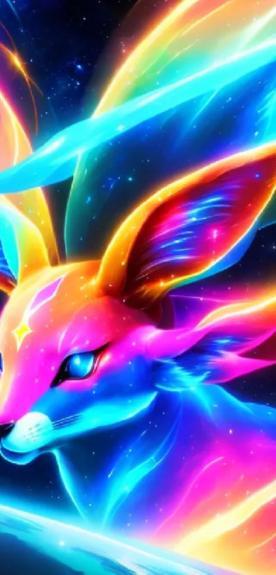 A colorful cosmic fox with neon glow in a starry space background.