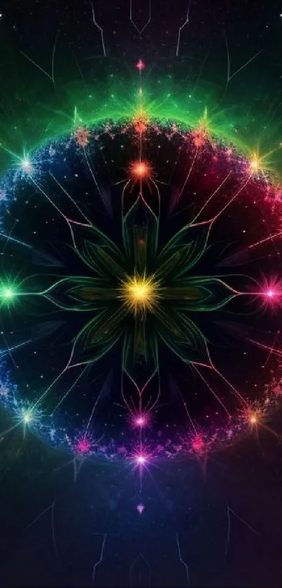 Vibrant fractal art with cosmic colors forming a luminous circle.