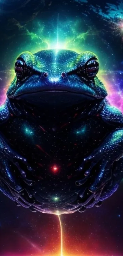 A vibrant cosmic frog in a colorful galaxy.