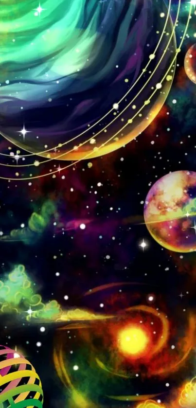 Vibrant cosmic galaxy wallpaper with planets.