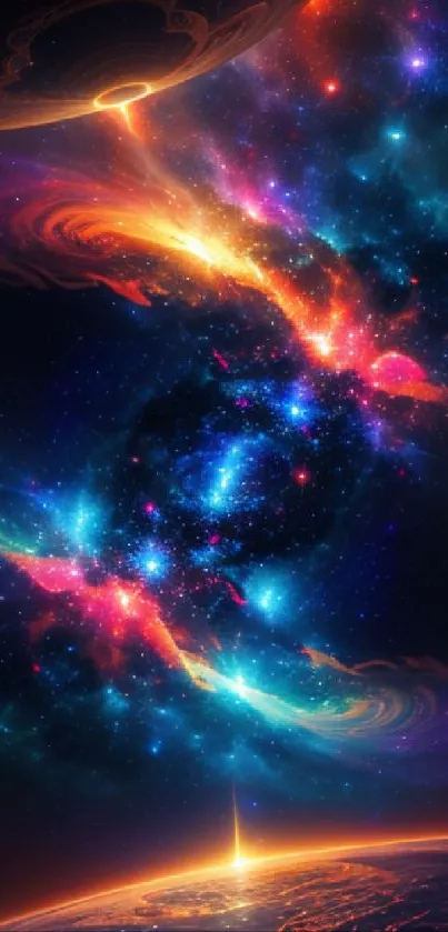Vibrant cosmic galaxy wallpaper with colorful nebula and stars.