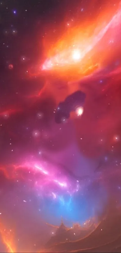 Vibrant cosmic galaxy art with red and purple nebulae.