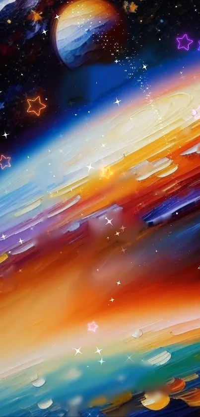 Colorful cosmic wallpaper with planets and nebulae.