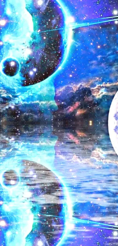 Celestial space wallpaper with striking blue cosmic reflections.