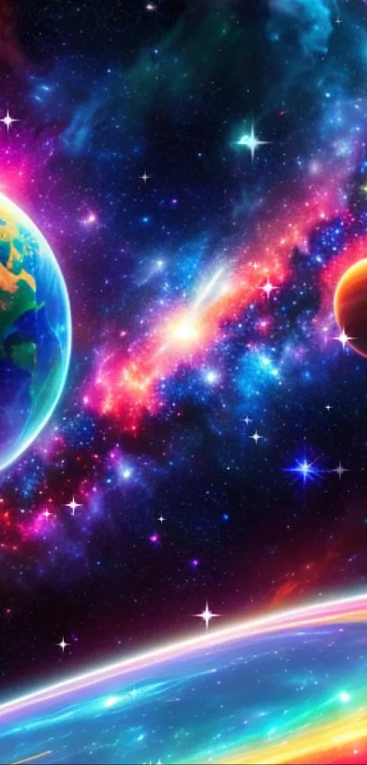Vibrant galaxy wallpaper with colorful planets.