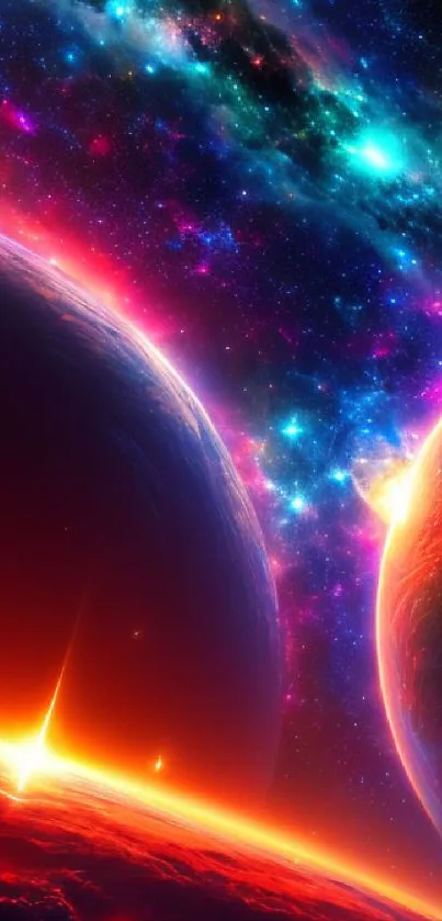 Colorful cosmic wallpaper with planets and stars in a vibrant galaxy setting.