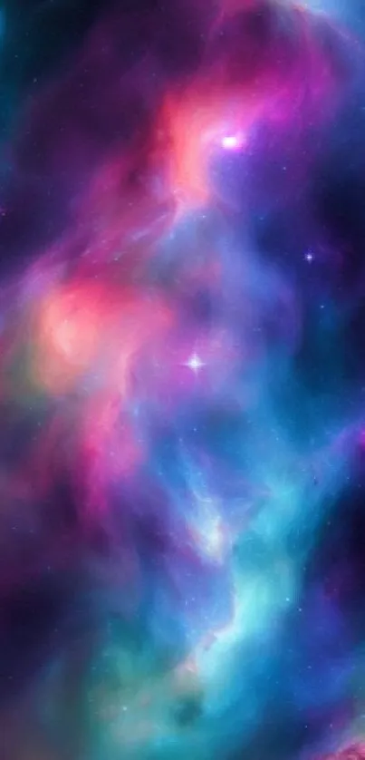 Vibrant cosmic galaxy wallpaper with colorful nebula and starry background.