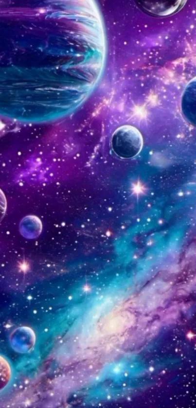 Colorful cosmic galaxy with planets and stars, vibrant mobile wallpaper.