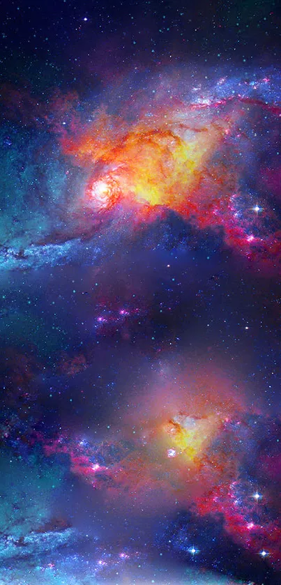 Vibrant cosmic galaxy wallpaper with swirling nebulas and stars.