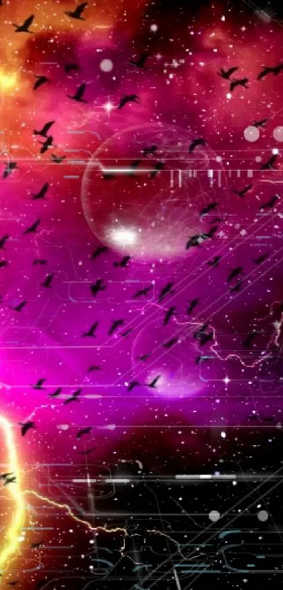 Vibrant galaxy wallpaper with purple nebula and celestial bodies.