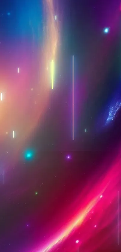 Colorful cosmic galaxy wallpaper with vibrant purples and celestial elements.