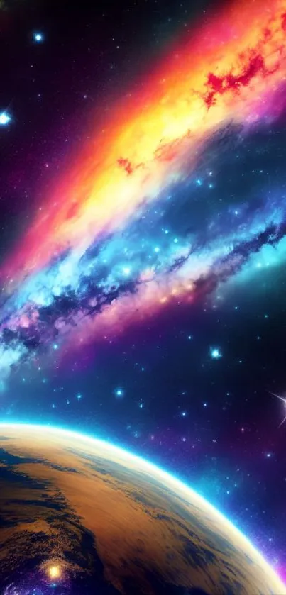 Vibrant colorful galaxy wallpaper with stars and cosmic elements.