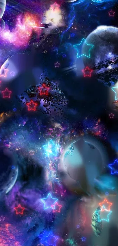 Colorful galaxy with planets and nebulae.