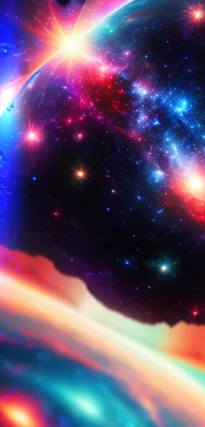 Vibrant cosmic galaxy wallpaper with colorful stars and nebula.