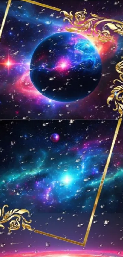 Vibrant cosmic galaxy wallpaper with golden decorative details.