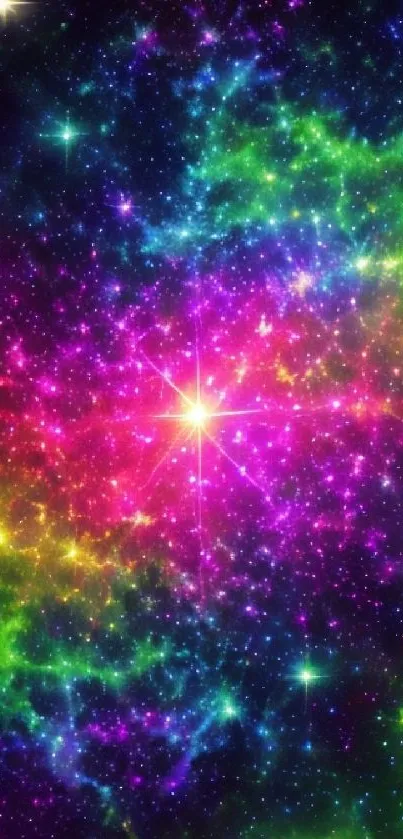 Vibrant cosmic galaxy wallpaper with colorful nebulae and stars.