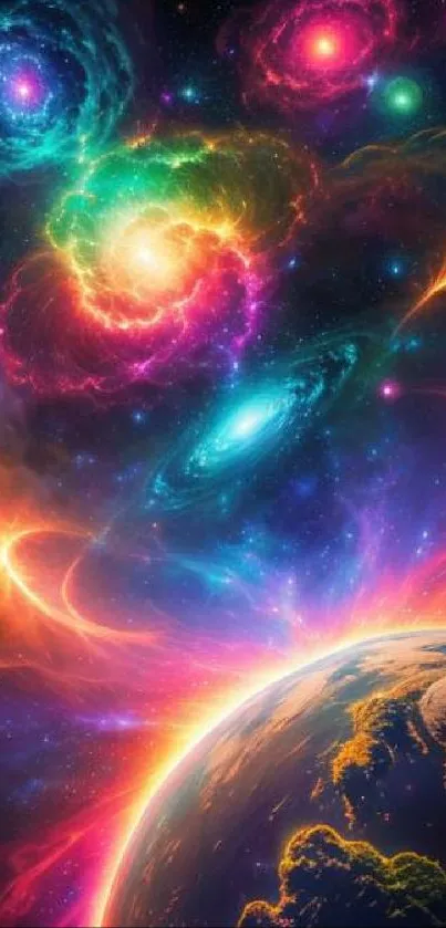 Colorful cosmic galaxy with nebulas and a luminous planet.