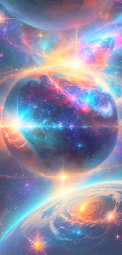Cosmic galaxy wallpaper with vibrant planets and nebulae in vivid colors.