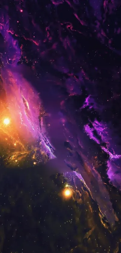 Vibrant purple and golden cosmic galaxy wallpaper for mobile devices.