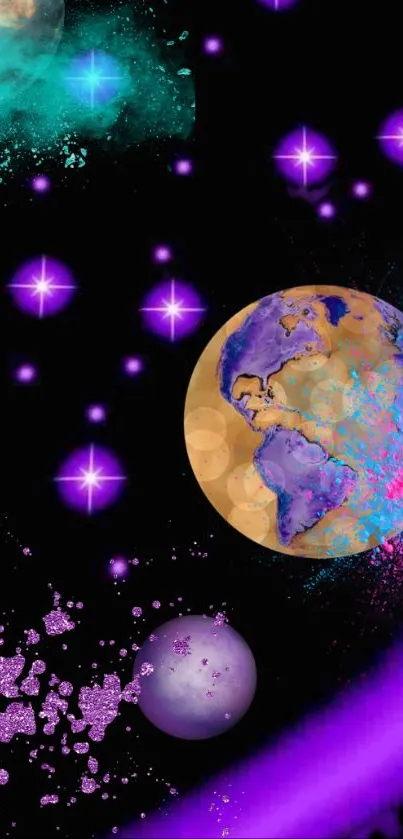 Colorful cosmic wallpaper with planets and stars in a purple galactic theme.