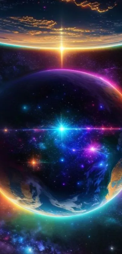 Beautiful cosmic wallpaper depicting universe with vibrant colors and galaxies.