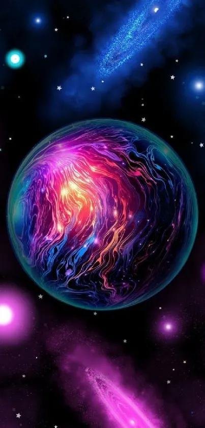 Vibrant cosmic scene with colorful planets and stars.