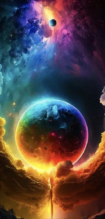 Colorful cosmic scene with a luminous planet and vibrant nebula.