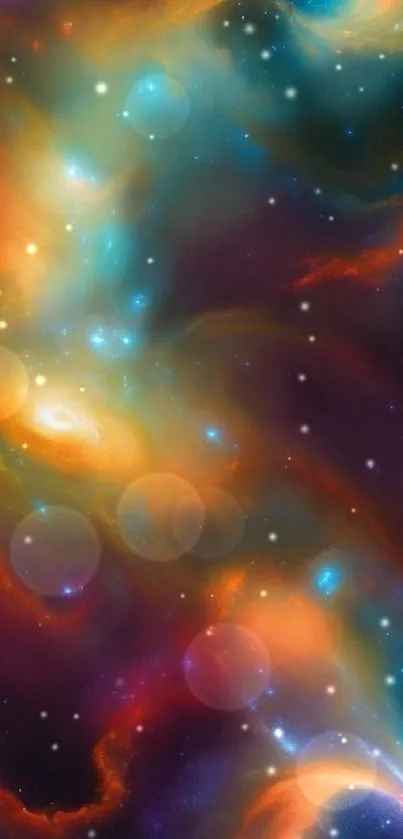 Vibrant cosmic galaxy wallpaper with swirling nebulas and colorful patterns.