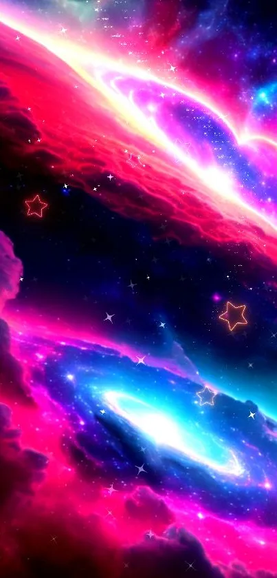 Bright cosmic galaxy wallpaper with pink and blue hues in space.