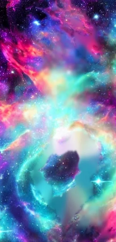 Vibrant cosmic galaxy mobile wallpaper with neon colors and starry background.