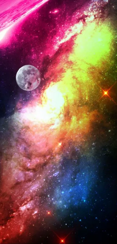 Vibrant cosmic galaxy wallpaper with colorful nebula and moon.