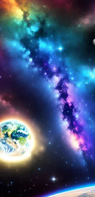 Vibrant galaxy with stars and planet in space.