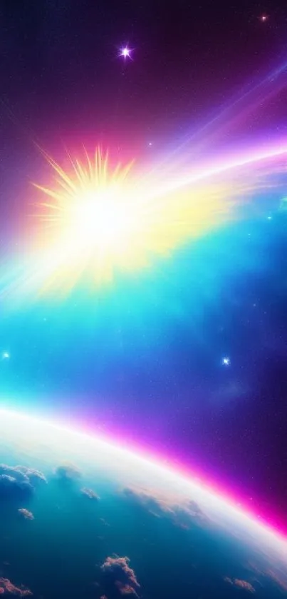 Vibrant cosmic wallpaper with a radiant starburst and swirling nebula for mobile devices.