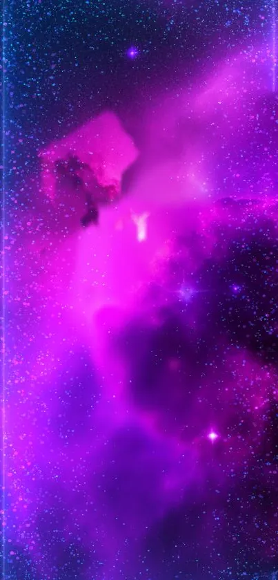 Vibrant cosmic galaxy wallpaper with purple hues and starry sky.