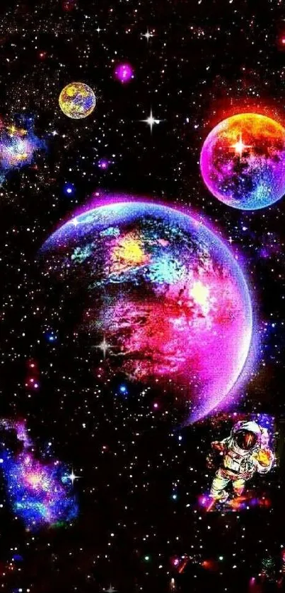 Colorful galaxy wallpaper with planets and astronaut in vibrant cosmic scene.