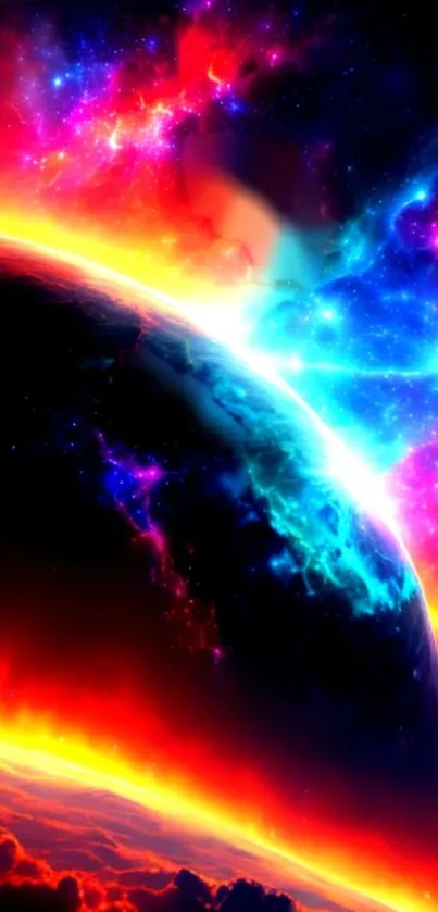 Vibrant cosmic galaxy wallpaper with red and blue hues, featuring planetary views.