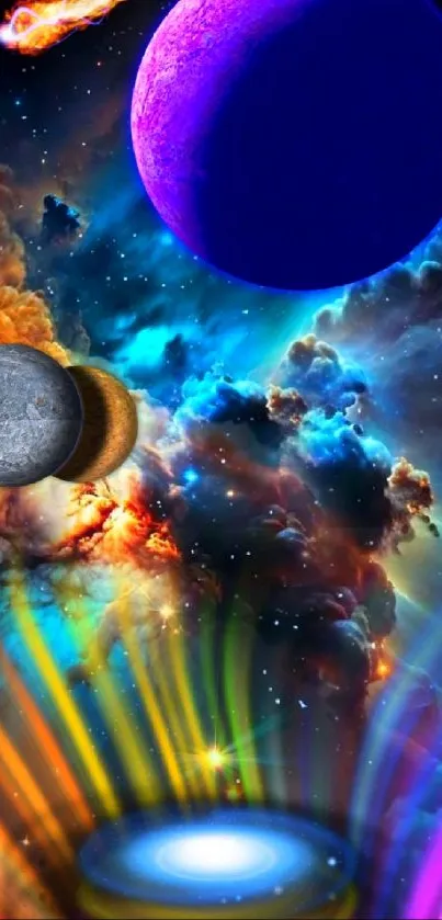 Vibrant cosmic galaxy wallpaper with planets and nebula colors.