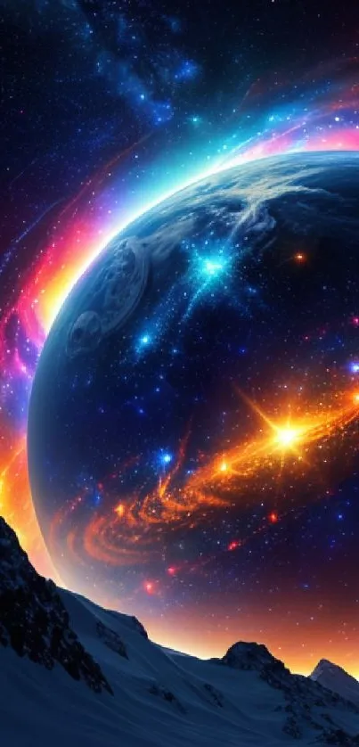 Vibrant cosmic wallpaper with a stunning view of a colorful galaxy and planet.