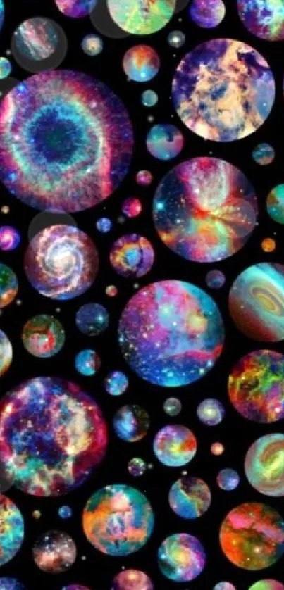 Colorful cosmic galaxy circles on a black background wallpaper.