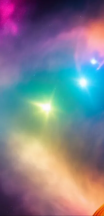 Colorful cosmic galaxy wallpaper with stars and a planet in vivid purples and blues.